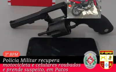 Polícia Militar recupera moto e celulares roubados e prende suspeito, em Patos